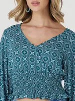 Women's Wrangler Bursts Smocked Crop Blouse Dark Teal