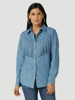 Women's Wrangler Retro Fringe Front Denim Western Snap Shirt Indigo