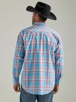 Men's Wrangler® Logo Long Sleeve Western Snap Plaid Shirt Sunny Blue