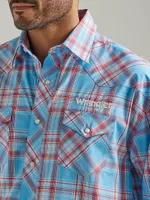 Men's Wrangler® Logo Long Sleeve Western Snap Plaid Shirt Sunny Blue