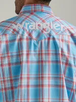 Men's Wrangler® Logo Long Sleeve Western Snap Plaid Shirt Sunny Blue