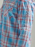 Men's Wrangler® Logo Long Sleeve Western Snap Plaid Shirt Sunny Blue