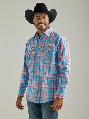 Men's Wrangler® Logo Long Sleeve Western Snap Plaid Shirt Sunny Blue