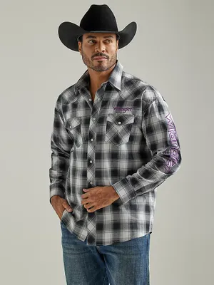 Men's Wrangler® Logo Long Sleeve Western Snap Plaid Shirt Black White Buffalo