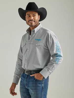 Men's Wrangler® Logo Long Sleeve Button-Down Print Shirt Smoky Gray
