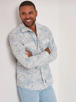 Men's Wrangler Retro® Premium Long Sleeve Button-Down Print Shirt Toile Blue