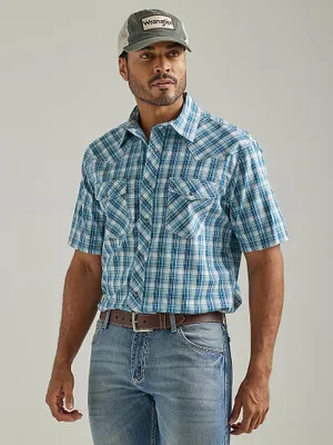 Men's Wrangler® 20X® Competition Advanced Comfort Short Sleeve Western Snap Two Pocket Plaid Shirt Pacific Check