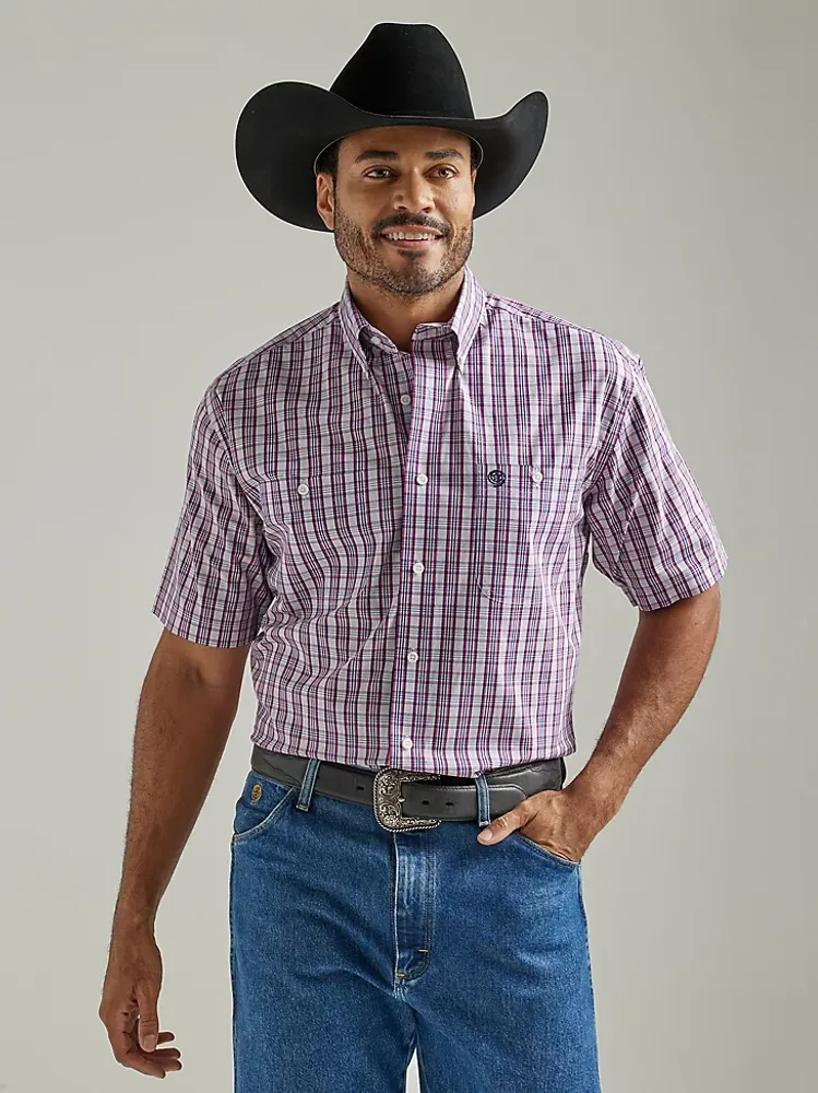 Men's George Strait® Short Sleeve 2 Pocket Button Down Plaid Shirt Mid Pink