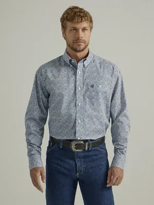 Men's George Strait Long Sleeve Button Down One Pocket Printed Shirt Swirly Paisley Blue