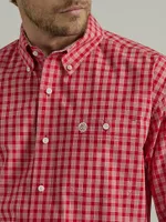 Men's George Strait Long Sleeve Button Down One Pocket Plaid Shirt Rosy Red