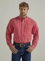 Men's George Strait Long Sleeve Button Down One Pocket Plaid Shirt Rosy Red