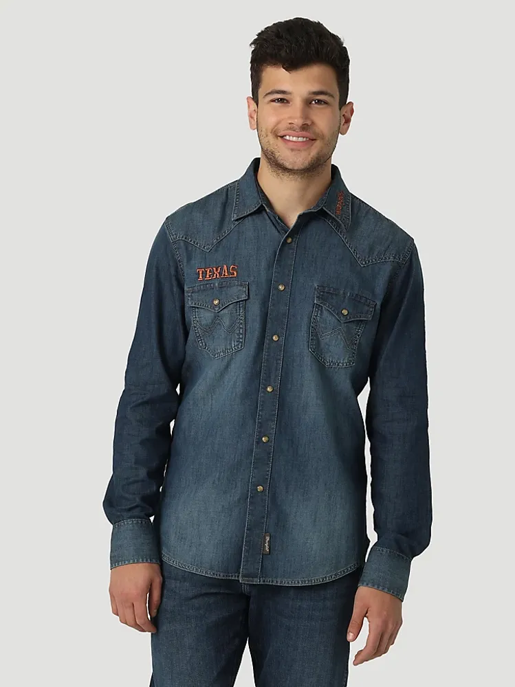 Men's Wrangler Collegiate Denim Western Snap Shirt University of Texas