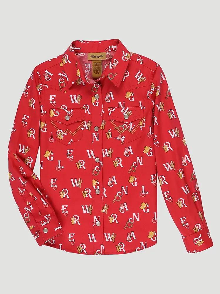 Girl's Wrangler Logo Letters Western Snap Shirt Red