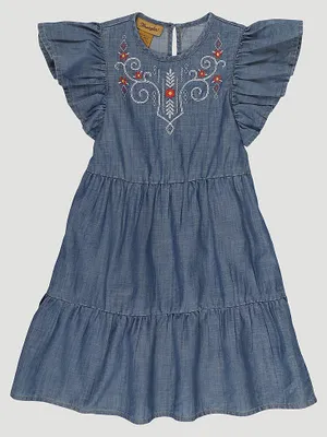 Girl's Ruffle Sleeve Embroidered Denim Dress Blue