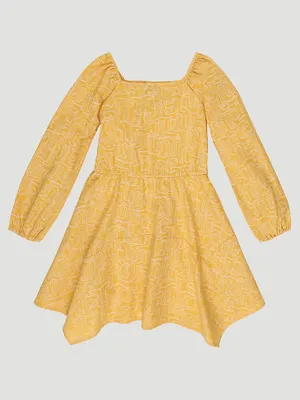 Girl's Square Neck Boot Print Peasant Dress Yellow Sunshine