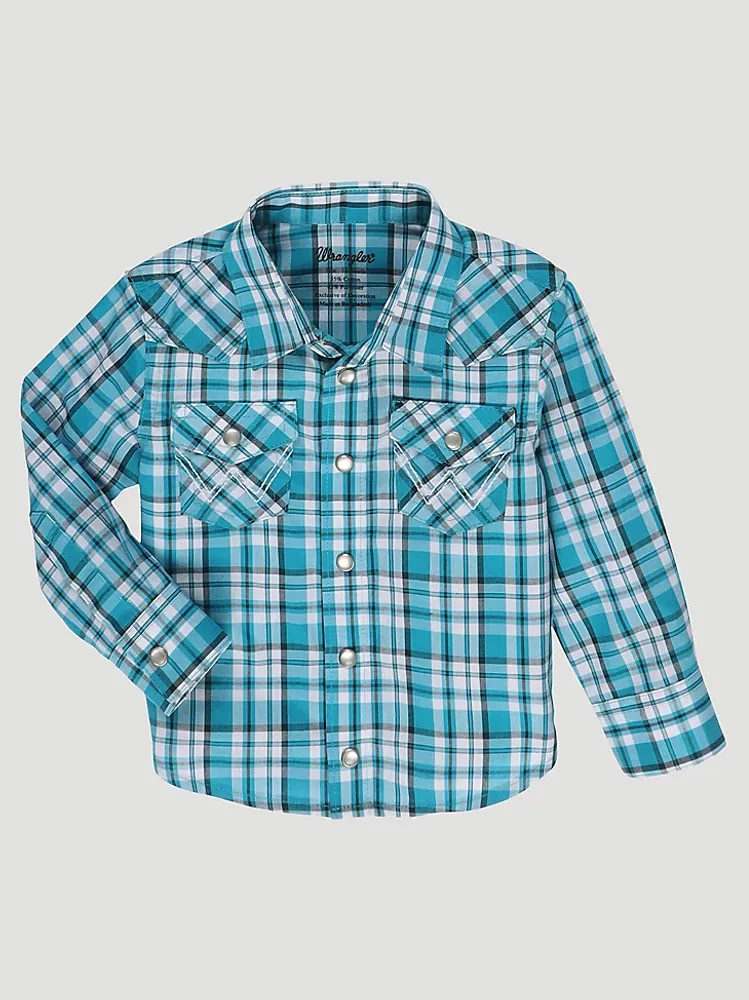 Little Boy Long Sleeve Snap Front Plaid Western Shirt Seaside Teal