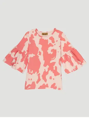 Girl's Pink Cow Print Bell Sleeve Top