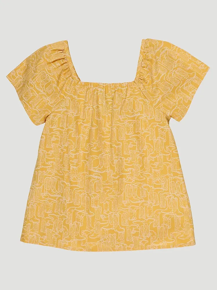 Girl's Square Neck Boot Print Peasant Top Yellow Sunshine