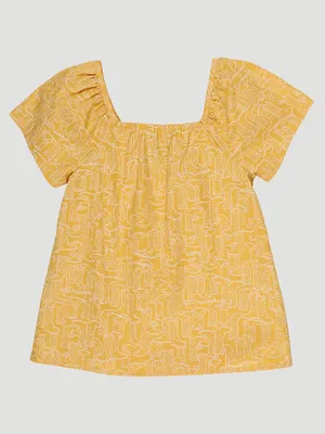 Girl's Square Neck Boot Print Peasant Top Yellow Sunshine