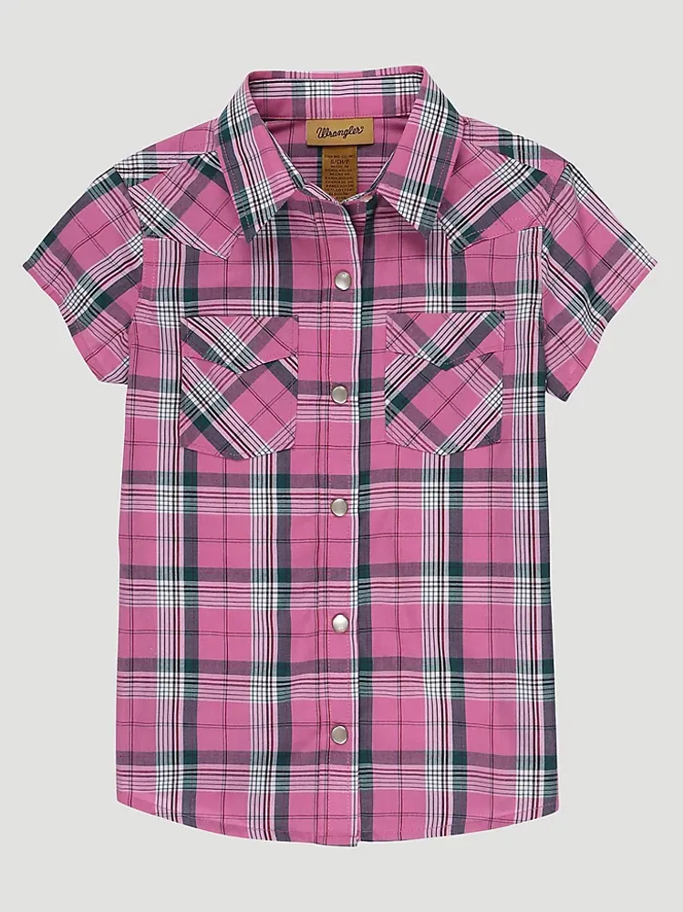 Girl's Short Sleeve Plaid Western Snap Shirt Bubble Pink