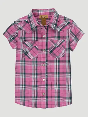 Girl's Short Sleeve Plaid Western Snap Shirt Bubble Pink