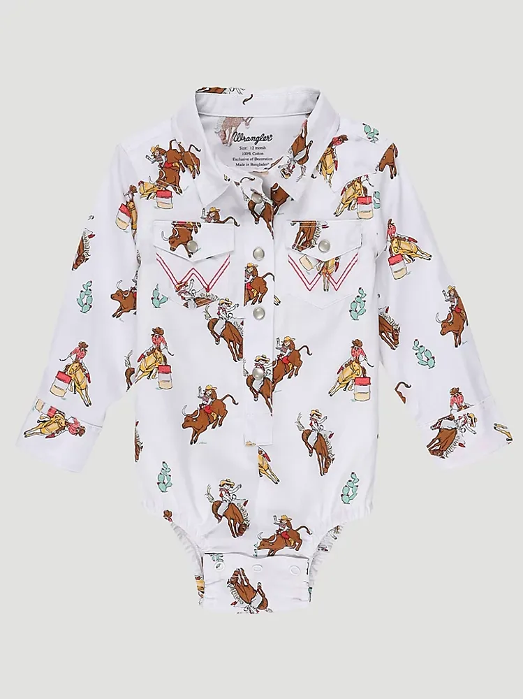 Baby Girl's Horse and Cowgirl Western Snap Bodysuit White