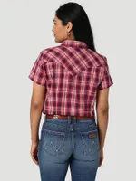 Women's Essential Short Sleeve Plaid Western Snap Top Dark Red
