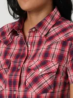 Women's Essential Short Sleeve Plaid Western Snap Top Dark Red