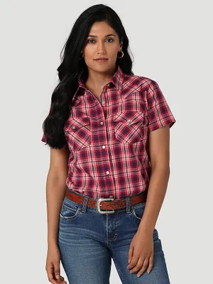 Women's Essential Short Sleeve Plaid Western Snap Top Dark Red