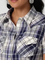 Women's Essential Short Sleeve Plaid Western Snap Top Navy