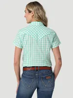 Women's Essential Short Sleeve Plaid Western Snap Top Grassy Green