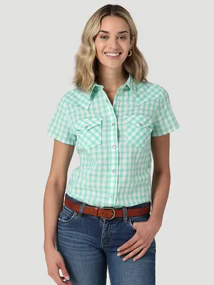 Women's Essential Short Sleeve Plaid Western Snap Top Grassy Green