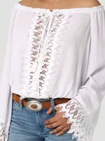 Women's Wrangler Retro Boho Lace Trim Blouse White