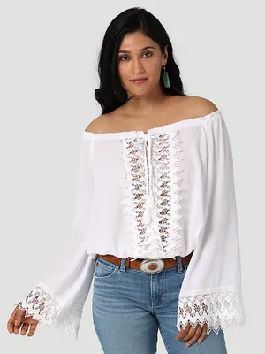 Women's Wrangler Retro Boho Lace Trim Blouse White