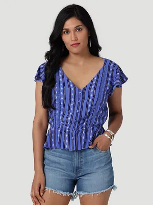 Women's Wrangler V Neck Flutter Sleeve Top Blue