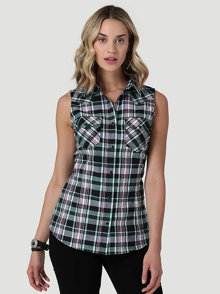 Women's Wrangler Retro® Sleeveless Plaid Western Snap Top Deep Green