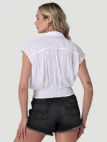 Women's Wrangler Retro Smocked Collared Crop Blouse Bright White