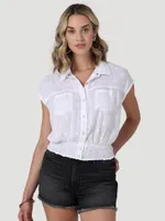 Women's Wrangler Retro Smocked Collared Crop Blouse Bright White