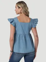 Women's Wrangler Retro Square Neck Embroidered Denim Top Chambray