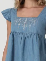 Women's Wrangler Retro Square Neck Embroidered Denim Top Chambray