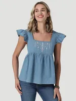 Women's Wrangler Retro Square Neck Embroidered Denim Top Chambray