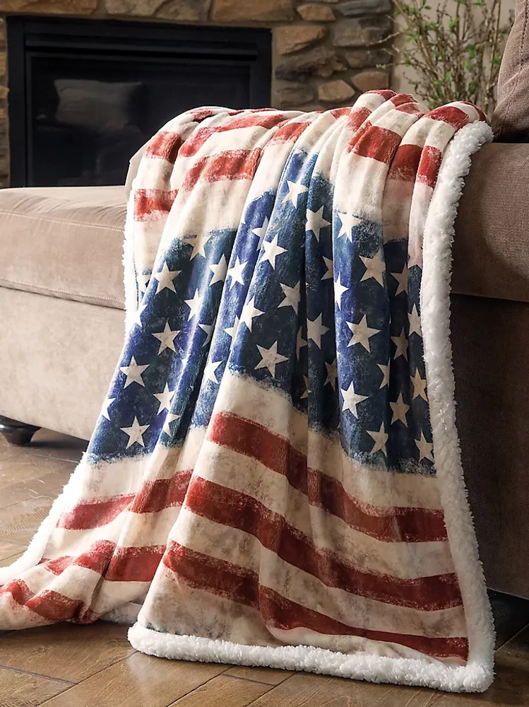 Wrangler Stars Stripes USA Flag Sherpa Throw Blanket:Multi:ONE SIZE