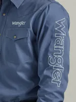 Men's Wrangler® Logo Long Sleeve Western Snap Shirt Bijou Blue