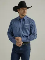 Men's Wrangler® Logo Long Sleeve Western Snap Shirt Bijou Blue