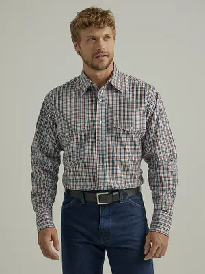 Men's Wrinkle Resist Long Sleeve Western Snap Plaid Shirt Chestnut Brown