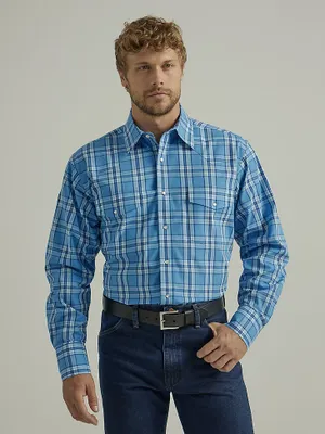 Men's Wrinkle Resist Long Sleeve Western Snap Plaid Shirt Baltic Sea