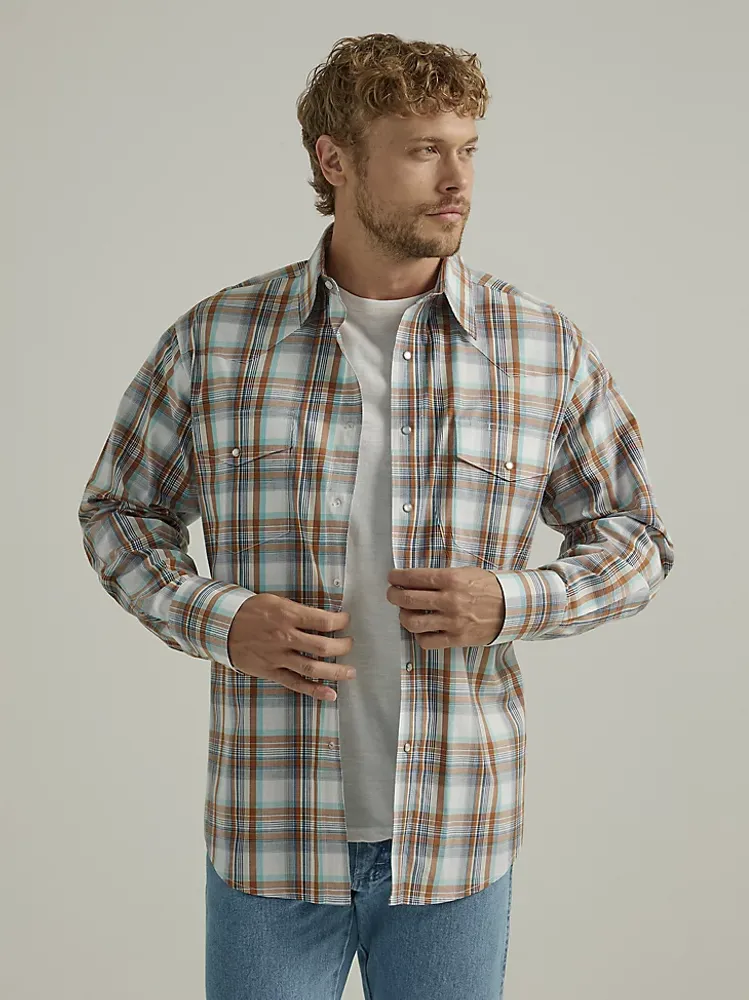 Wrangler Men's Wrinkle Resist Long Sleeve Western Snap Plaid Shirt Glazed  Ginger