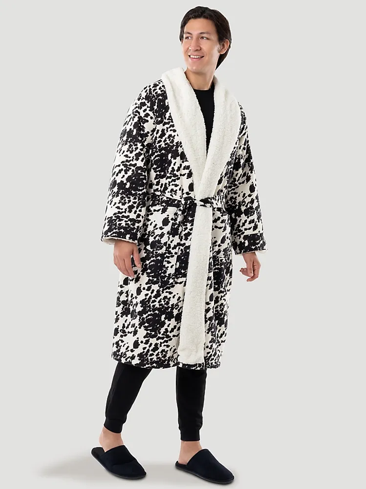 Flannel Cow Print Sherpa Lined Robe:Caviar:One Size