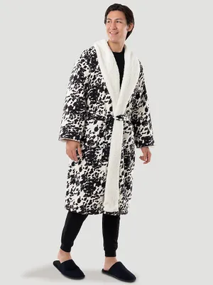 Flannel Cow Print Sherpa Lined Robe:Caviar:One Size