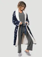 Flannel Steer Head Sherpa Lined Robe:Dark Sapphire:One Size